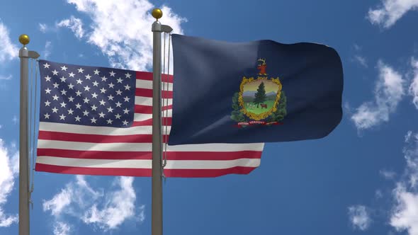 Usa Flag Vs Vermont State Flag  On Flagpole