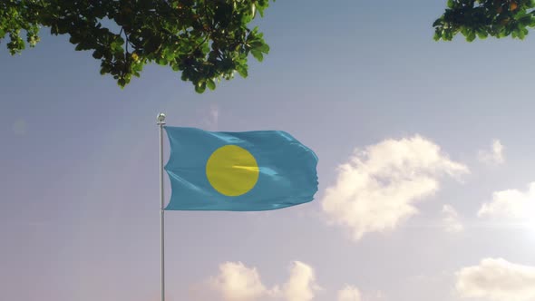 Palau Flag With  Modern City 