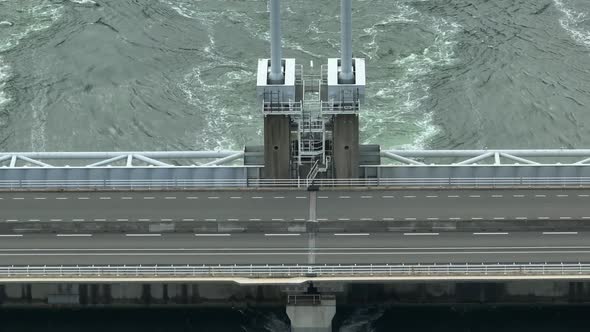 Storm Surge Barrier Lock With Water Rushing Through