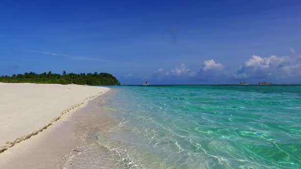 Sunny sky of marine seashore beach journey by sea with sand background near waves