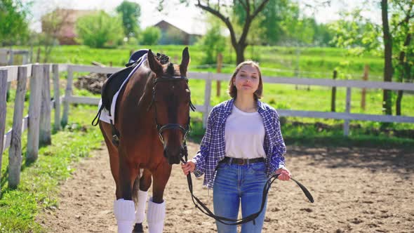 Girl With Her Dark Brown Horse Moving Towards The Camera Horse Riding For Leisure