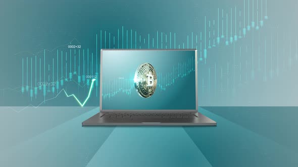 07 - 2 BITCOIN Cryptocurrency Background with Lap Top Computer 4K