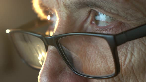 An Elderly Man with Glasses Looks at the Computer Screen