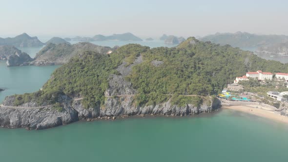 Aerial: clear blue sky at Cat Ba island, travel destination in Vietnam