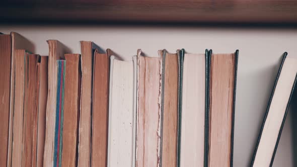 A row of old books organized on a shelf in a library or archive