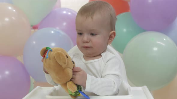 Happy Baby Boy Playing with a Toy at His First Birthday Party Oneyearold Child Against the