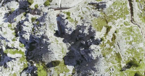 Aerial Overhead Flight Above Mountain Top with Pines and Rocks