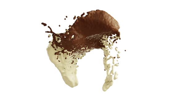 Hot dark and milk chocolate slow motion splashes. Alpha is included