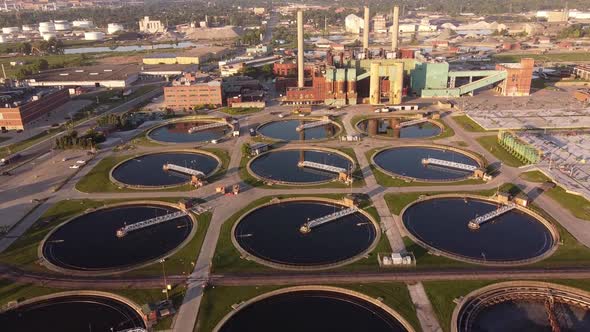 Circular Sedmentation Tanks In Detroit Water Treatment Plant In Michigan, USA. - aerial