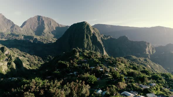 Aerial view of landscape near Hell Bourg, Saint Benoit, Reunion.