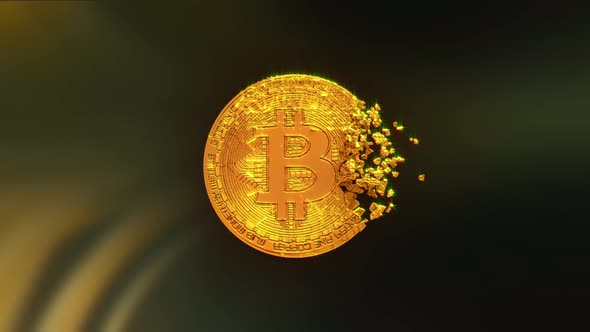 A Bitcoin coin breaks into parts