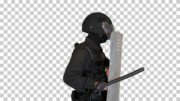 Policeman with full equipment for anti-riot, Alpha Channel