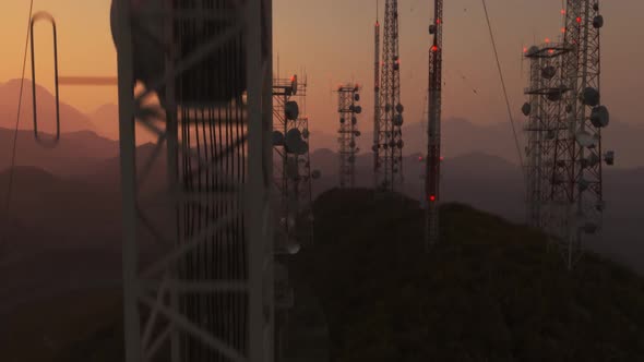 Top of Radio mast supporting antennas. Tall towers for telecommunications.Sunset