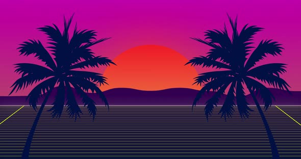 Miami 80s style background animation. Purple layout design. Red sun, mountains and palm trees