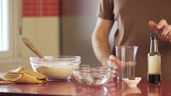 Man making vegan meat. Process, how to cook seitan