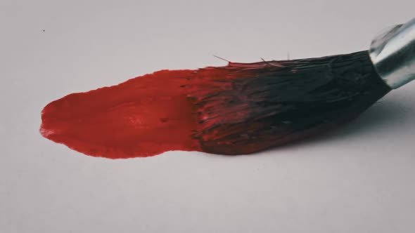 Brush With Red Paint Draws a Line on White Paper in Macro