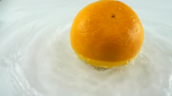 Rotating ripe grapefruit in water on a white background. Slow motion.