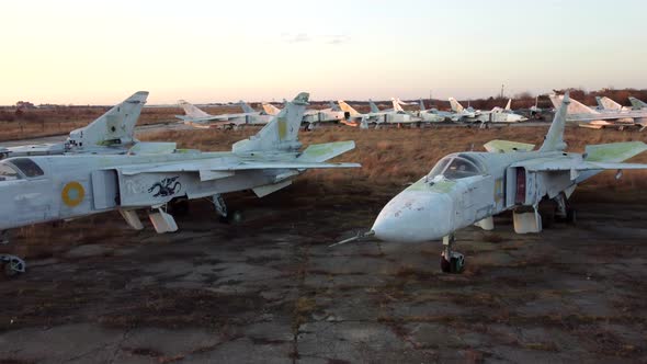 Aerial Drone View Flight Over Parking Lot of Old Dismantled Aircraft