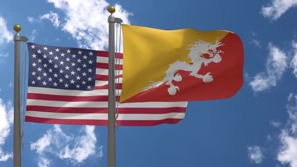 Usa Flag Vs Bhutan Flag On Flagpole