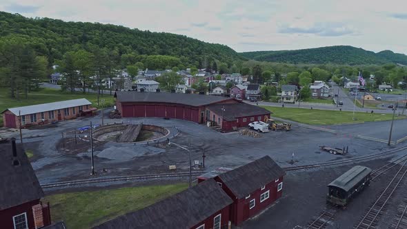 Aerial View of an Abandoned Narrow Gauge Coal Rail Road with Rusting Hoppers