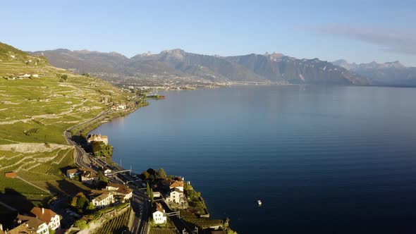 Flying sideways over houses and road towards Lake Léman, Vaud - Switzerland.Saint-Saphorin, Vevey,