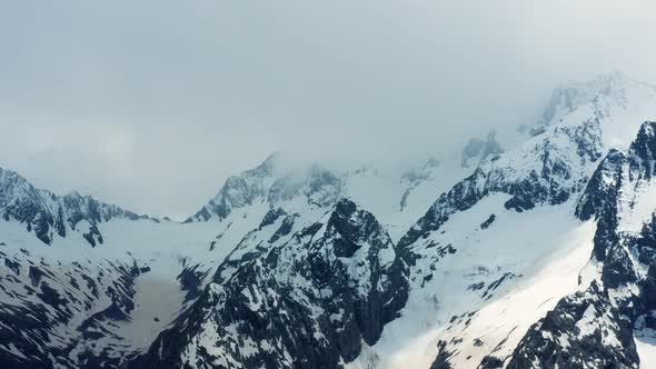 Aerial View from an drone of Beautiful Snowy Caucasus Mountain Landscape in Winter