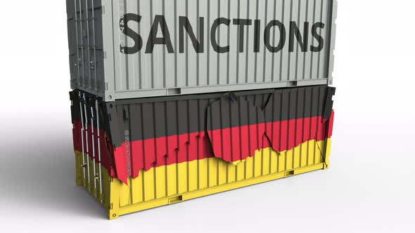 Container with SANCTIONS Text Breaks Container with Flag of Germany alt