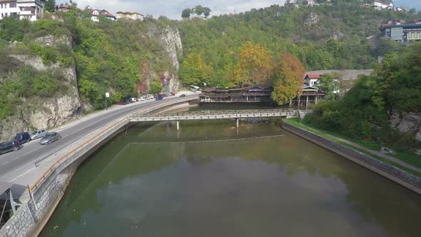Aerial of Miljacka River  and hills