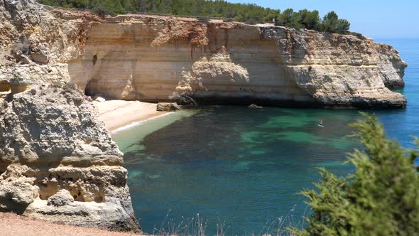 Beautiful Steep Cliff Coastline in Algarve, Portugal. Sunny Summer Day