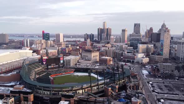 Flying Over Baseball Stadium Of Comerica Park In Downtown Detroit, Michigan State, USA. Aerial Drone