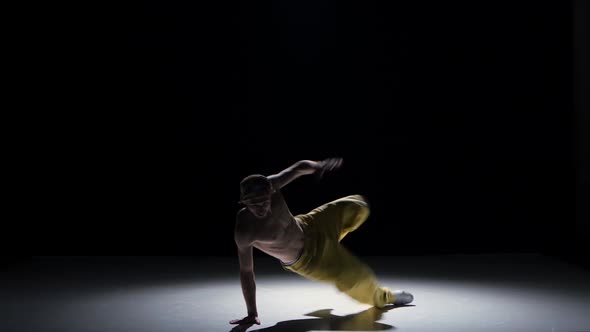 Breakdance Dancer Man in Yellow Suit with Naked Torso Go on Dance, Black, Shadow