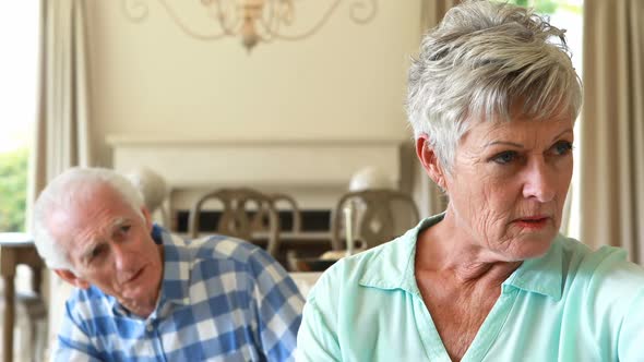 Senior couple arguing with each other in the living room