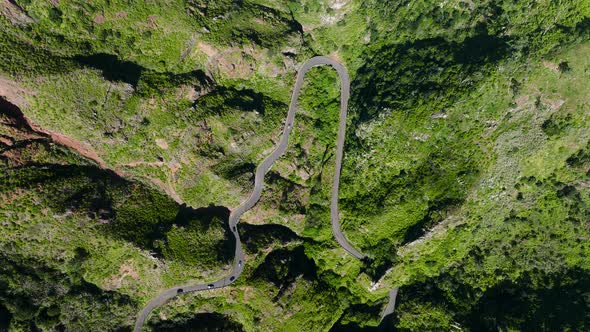Cars drive curvy alpine road along valley, Paul do Mar, Madeira; drone