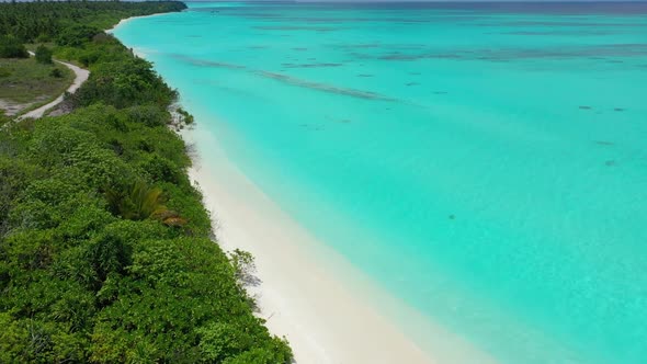 Aerial drone view panorama of tranquil shore beach adventure by blue lagoon and clean sandy backgrou