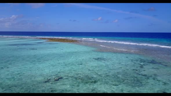 Aerial top view panorama of marine coastline beach adventure by shallow ocean and white sand backgro