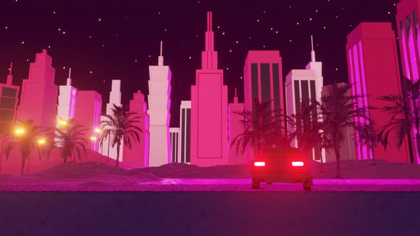 Retrofuturism Space Landscape with Big Sun and Car Near a River alt