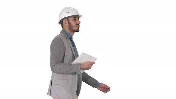 Architect Walking with Tablet and Checking What Is Built on White Background