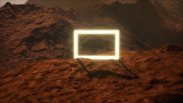 Neon Portal on Mars Planet Surface With Dust Blowing