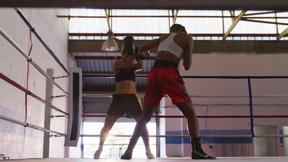 Two mixed race women training in boxing ring