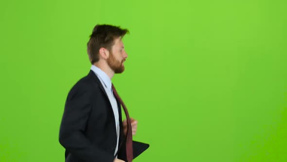 Man Runs To Work, Is Late for an Important Meeting. Green Screen