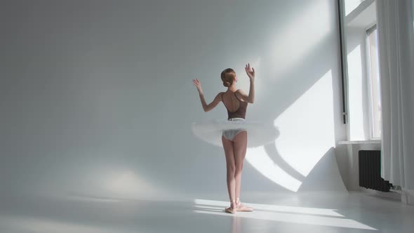 Ballerina Standing with Her Back Performs Graceful Movements with Her Hands. Ballet Lesson in a