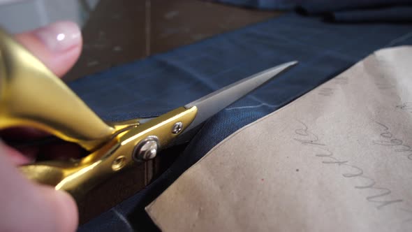 Fingers of Dressmaker Holding Fabric and Scissors