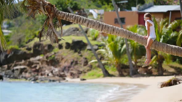 Back View of Adorable Little Girl at Tropical Beach Sitting on Palm Tree During Summer Vacation