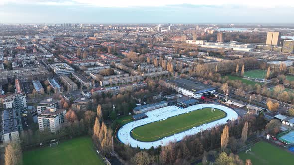 Aerial of a Recreational Outdoor Leisure Ice Skating Rink Top Down View in Amsterdam the Netherlands