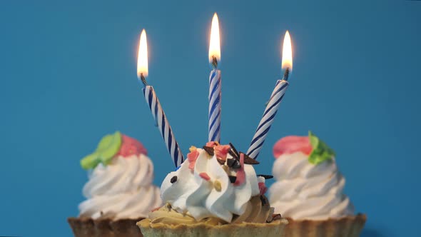 Happy Birthday Greetings Birthday Cupcake with Candles and Decorations on a Blue Background