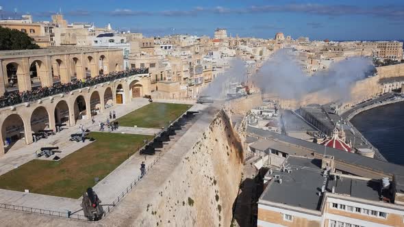 Cannon Firing on Saluting Battery in Valletta, Malta