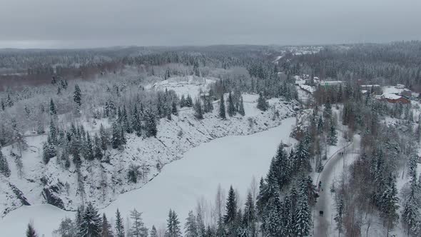 Beautiful Winter Aerial Footage of Ruskeala Mountain Park in Karelia in