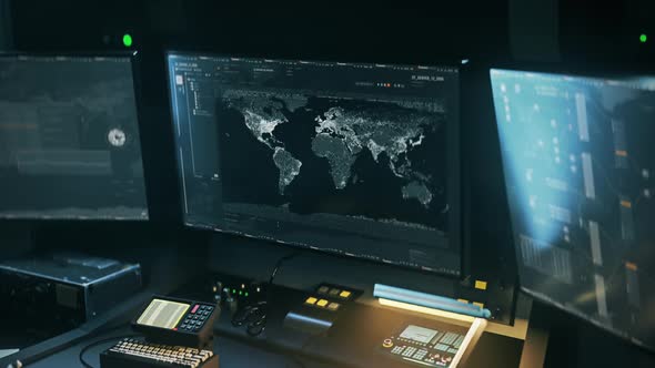Modern Spy navigation computer system is analyzing the digital world map alt
