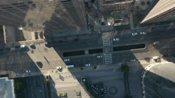 AERIAL: Slow Uplifting Birds Eye View Flight Over Downtown Los Angeles California Grand Avenue in