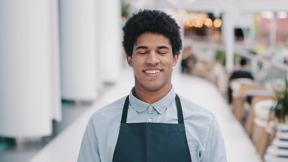 Male Portrait Smiling Happy Friendly African Cafe Pub Worker Biracial Professional Man Waiter in